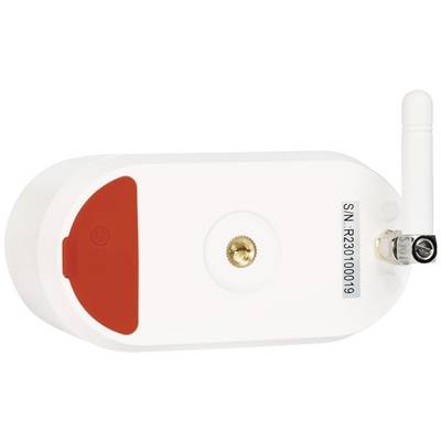 Ein weißes Gerät mit rotem Schalter, drahtloser Antenne und Seriennummer 'S/N: R230100019'. Hauptfunktion nicht angegeben.
