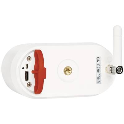 Ein weißes elektronisches Gerät mit einer Antenne und verschiedenen Anschlüssen auf der Rückseite, einschließlich USB und Anschlusspunkt.