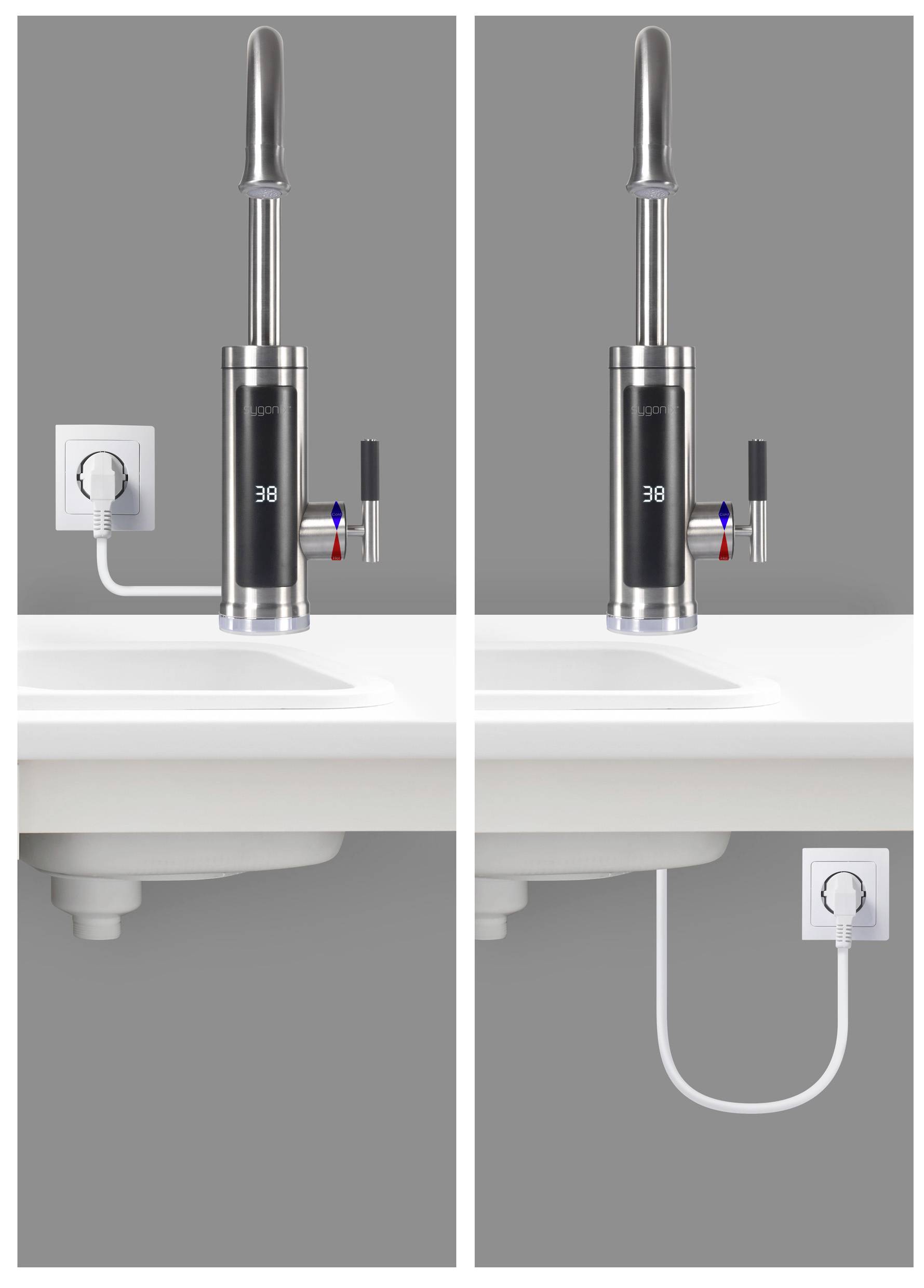 Ein Wasserhahn mit digitaler Temperaturanzeige auf 38 Grad. Links ohne, rechts mit Steckdose und Kabelverbindung unter dem Waschbecken.