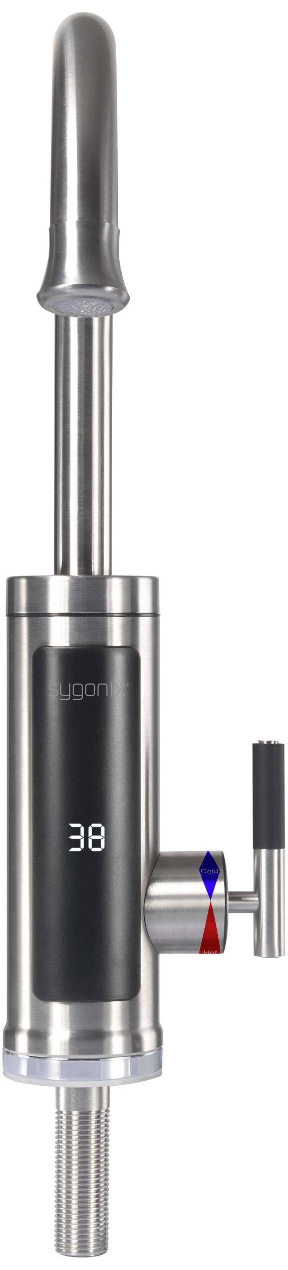 Ein silberner Wasserhahn mit digitalem Display zeigt '38' an, möglicherweise die Wassertemperatur. Ein Hebel ist an der Seite befestigt.