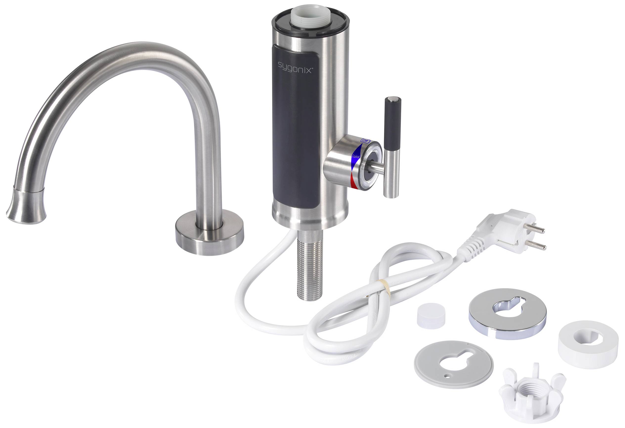 Wasserhahnset mit Mischbatterie, Stromkabel und Montageringen. Hauptteile in Edelstahloptik, für Küchenspülbeckeninstallation geeignet.