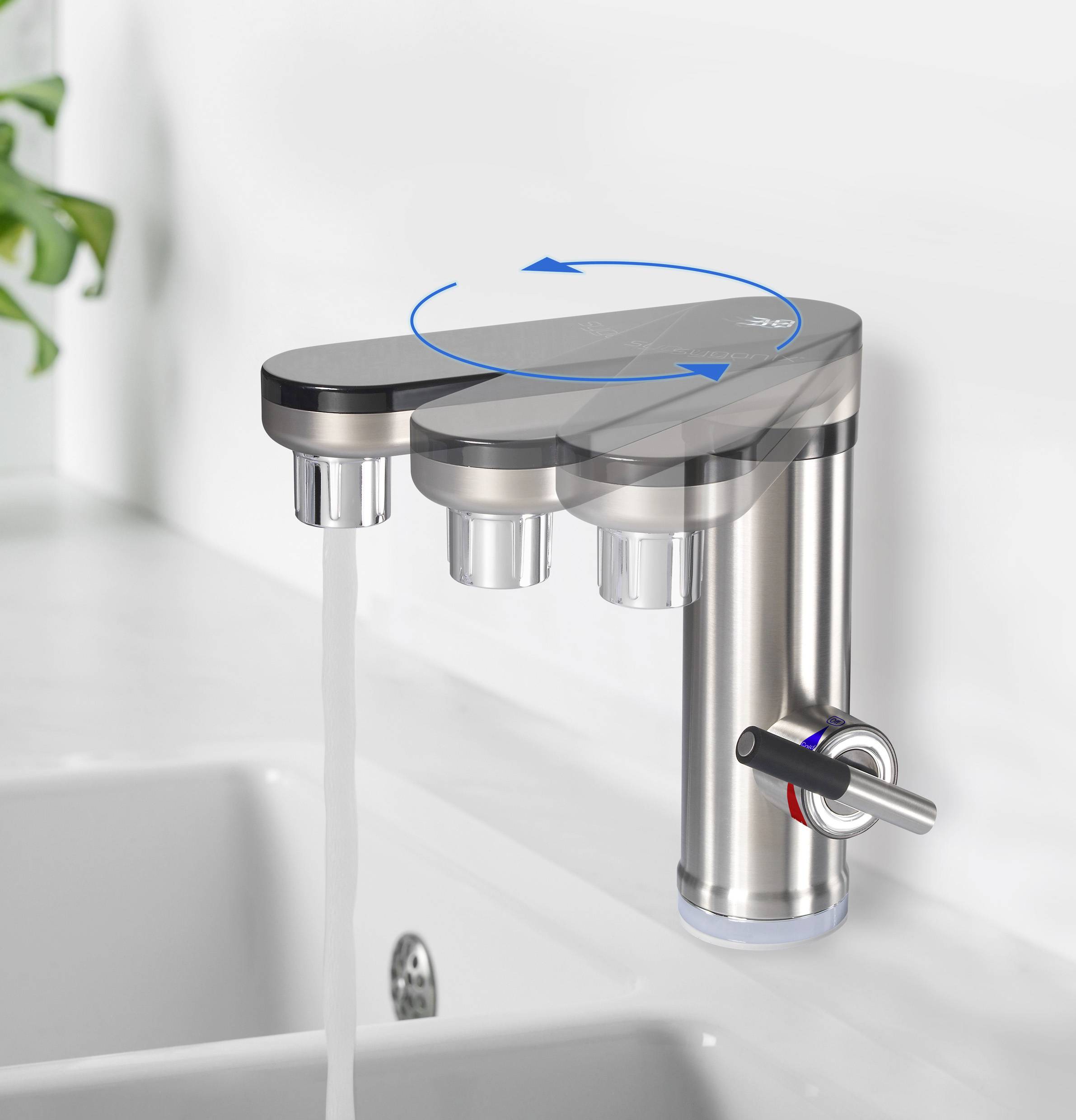 Eine Wasserarmatur über einem Waschbecken zeigt, wie der Wasserhahn durch Drehen an einem Hebel bedient wird.