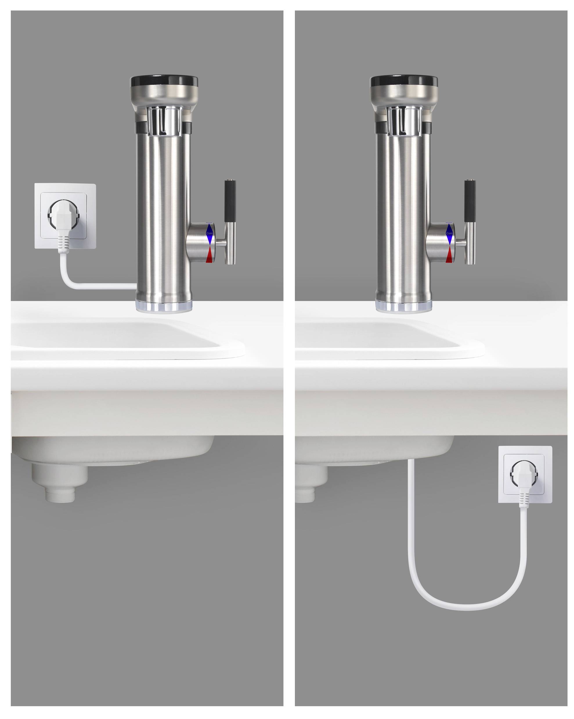 'Elektronischer Wasserhahn: Links im Stecker, gezeigt aus zwei Perspektiven. Eine Ansicht zeigt die Steckdose oberhalb, die andere unterhalb des Waschtisches.'