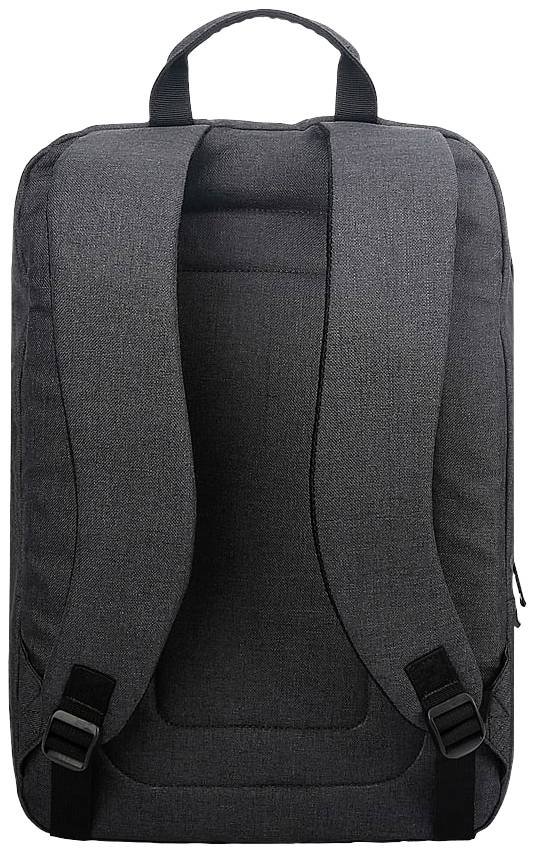 Ein schwarzer Rucksack mit gepolsterten Schultergurten und einem Tragegriff, geeignet für alltäglichen Gebrauch oder Reisen.