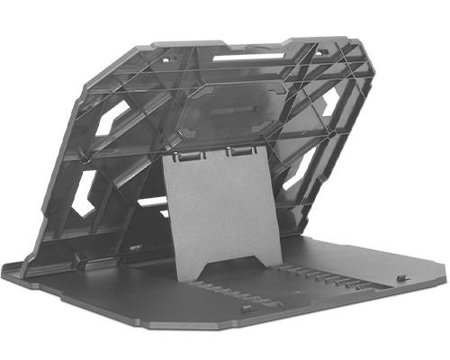 Ein tragbarer, verstellbarer Laptop-Ständer in dunkelgrau, der Stabilität und ergonomische Sicht bietet. Ideal für verschiedene Raumumgebungen.
