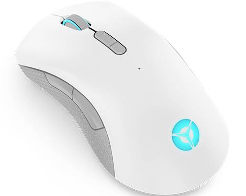 Weiße Computermaus mit beleuchtetem Logo und Scrollrad. Ergonomisches Design mit grauen Seitenelementen. Ideal für den Einsatz am Schreibtisch.