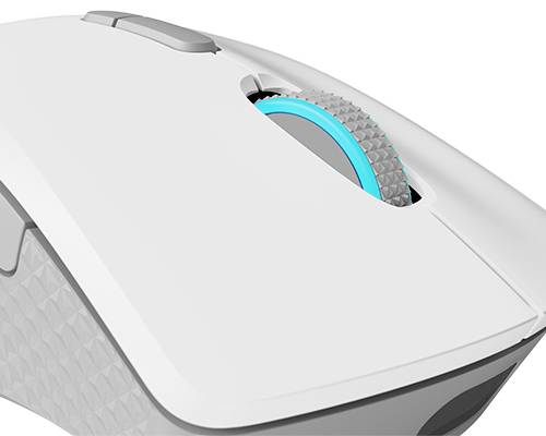 Weiße Computermaus mit strukturiertem Scrollrad und ergonomischem Design. Geeignet für Rechts- und Linkshänder.