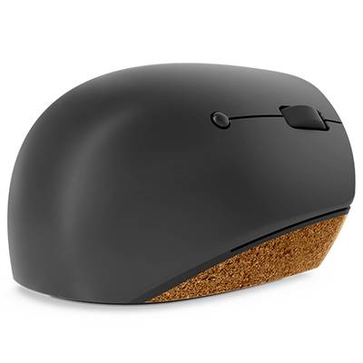 Kabellose schwarze Computermaus mit ergonomischem Design und Korkseitengriffen, geeignet für komfortables Arbeiten.