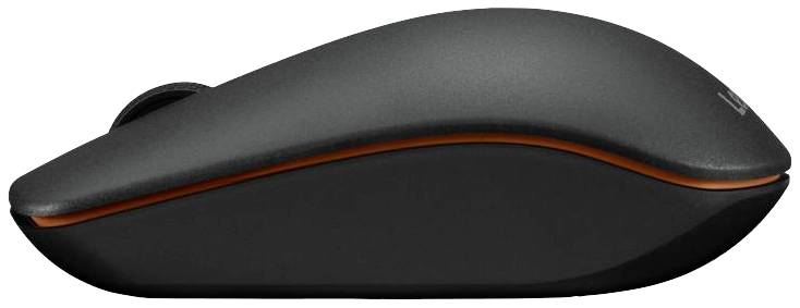 Eine schwarze, kabellose Computermaus mit schlankem, ergonomischem Design.