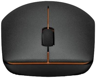 Schwarze Computermaus mit orangefarbenen Akzenten, Draufsicht.