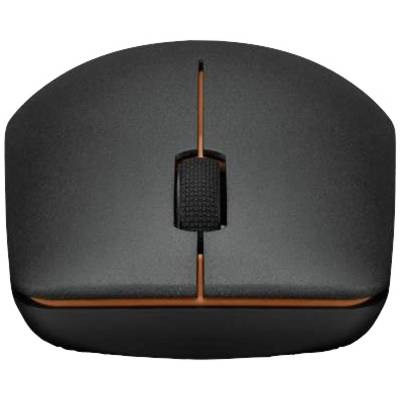 Schwarze Computermaus mit orangefarbenen Akzenten, Draufsicht.
