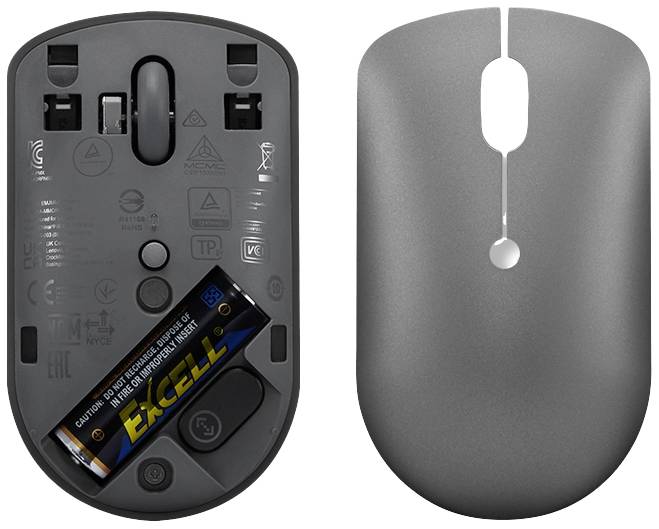 Links: Geöffnete Rückseite einer grauen kabellosen Maus mit eingelegter Batterie und Bedienelementen. Rechts: Geschlossene Maus.