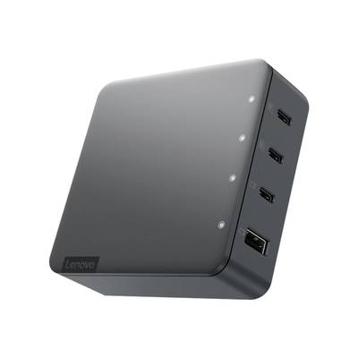Ein schwarzes Lenovo-Gerät mit mehreren USB-Anschlüssen auf der Seite. Es ist kompakt und hat ein schlankes, modernes Design.
