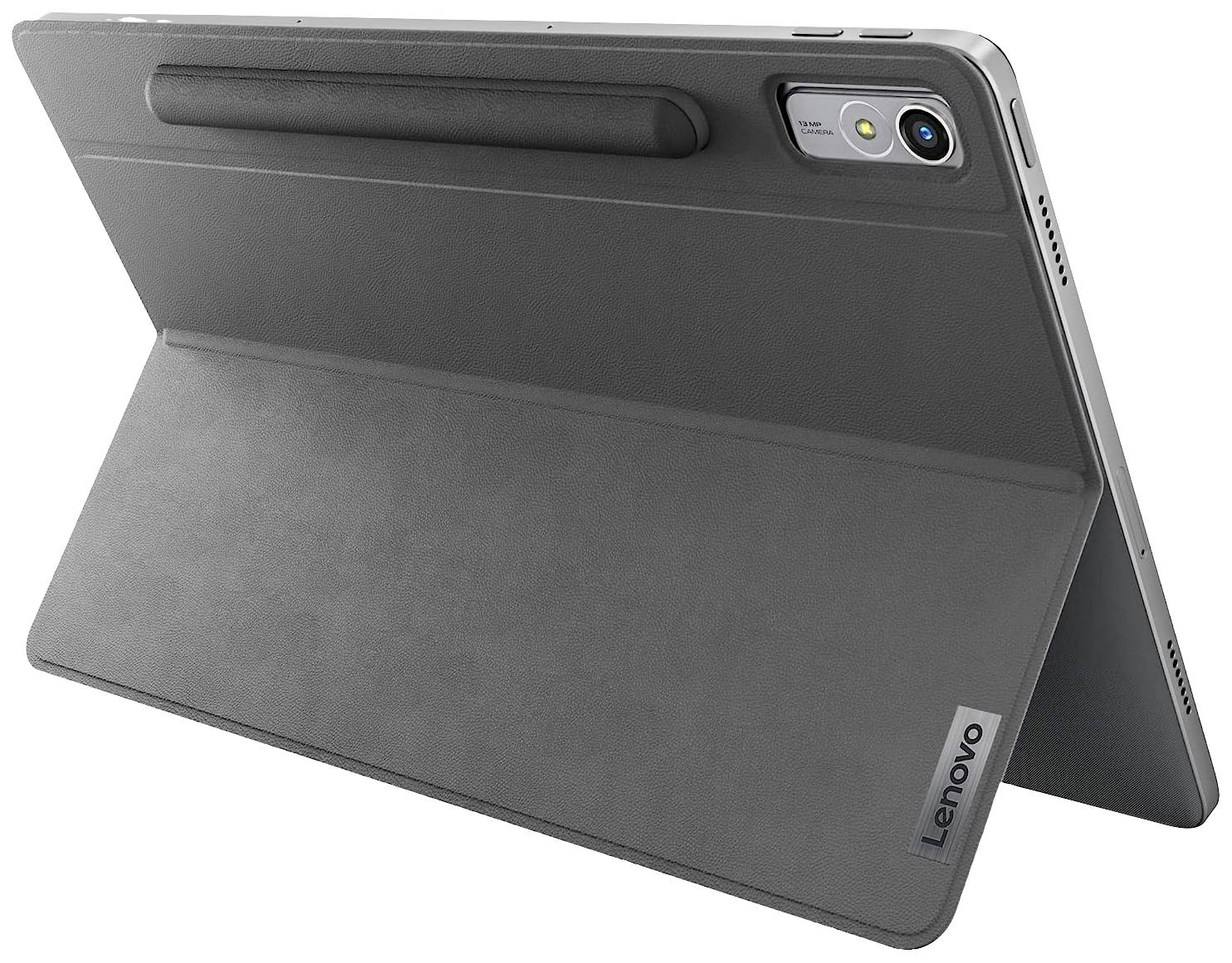 Ein graues Lenovo-Tablet in Schutzhülle, teilweise geschlossen, zeigt die Rückseite mit einer Kamera und einem Stifthalter.