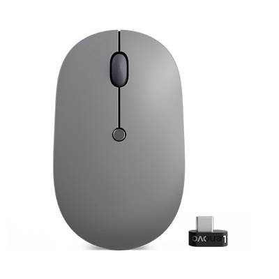 Graue, kabellose Computermaus mit scrollbarem Rad und USB-Empfänger, vor weißem Hintergrund.