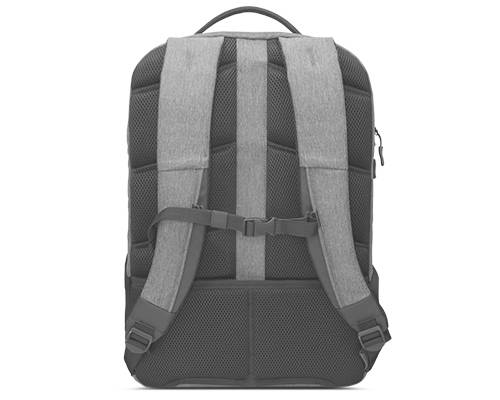 Rückansicht eines grau-weißen Rucksacks mit gepolsterten Trägern und Brustgurt.