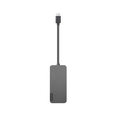 Kompakter Lenovo USB-C-Hub in Grau mit mehreren Anschlüssen für erweiterte Konnektivität an ein Laptop oder Mobilgerät.