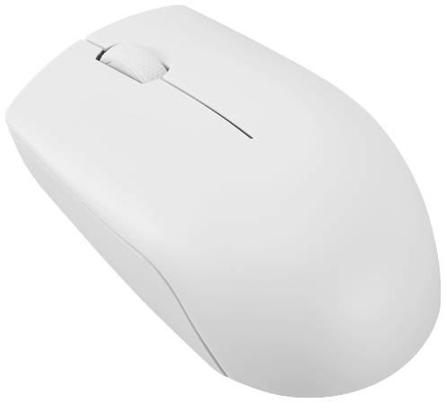 Eine weiße kabellose Computermaus mit schlichtem Design, seitlicher Einkerbung und Rollrad oben.