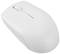 Eine weiße kabellose Computermaus mit schlichtem Design, seitlicher Einkerbung und Rollrad oben.
