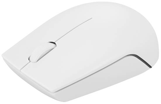 Weiße kabellose Computermaus mit Scrollrad auf weißem Hintergrund.