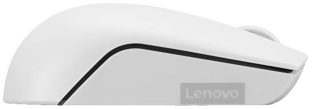 Draufsicht einer weißen, kabellosen Lenovo-Maus mit schlankem Designprofil.