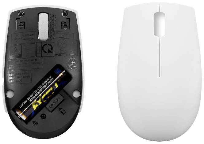 Zwei Computermäuse nebeneinander: links die Unterseite einer geöffneten Maus mit Batterie, rechts die Oberseite einer geschlossenen Maus.