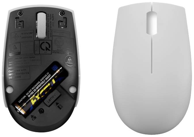 'Zwei Mäuse: links eine geöffnete Batteriefachansicht mit eingesetzter Batterie, rechts eine geschlossene Mausansicht von oben.'