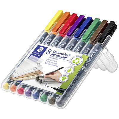 'Packung mit 8 Lumocolor Permanent-Markern in verschiedenen Farben, geeignet für Papier, Karton, Kunststoff und mehr.'