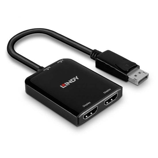 Ein schwarzer Adapter von LINDY mit zwei HDMI-Anschlüssen und einem DisplayPort-Stecker. Geeignet zum Anschluss mehrerer Monitore.