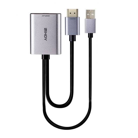 'Ein USB-zu-HDMI-Adapter mit einem HDMI-Stecker und einem USB-Anschluss, verbunden durch ein schwarzes Kabel. Marke: LINDY.'