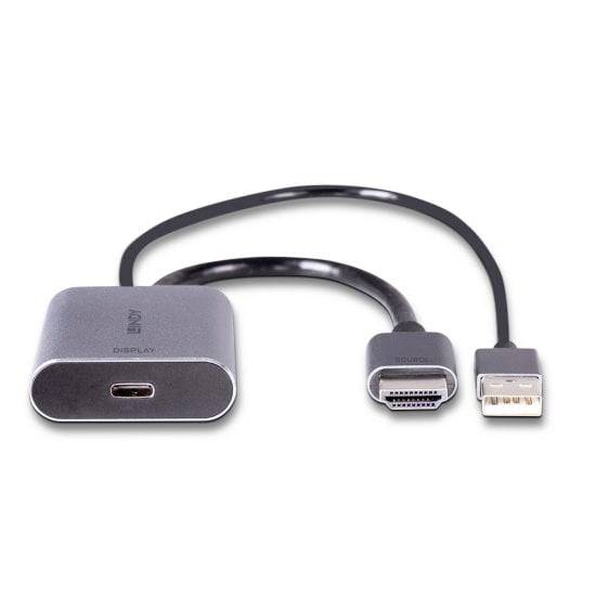 USB-C-zu-HDMI-Adapter mit USB-A-Anschluss, dunkelgraues Gehäuse, wird zur Verbindung von USB-C-Geräten mit HDMI-Monitoren genutzt.