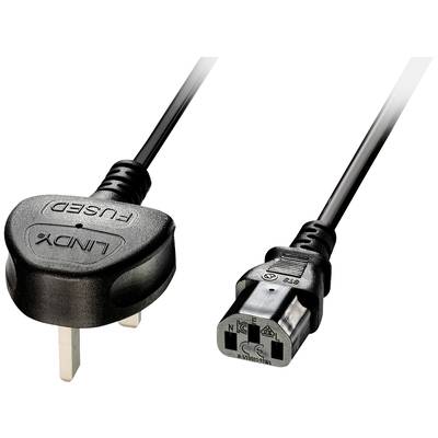 Ein schwarzes Netzkabel mit einem dreipoligen Stecker auf einer Seite und einem IEC-Kaltgerätestecker auf der anderen.