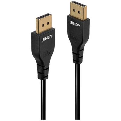 Schwarzes DisplayPort-Kabel mit goldfarbenen Anschlüssen, beschriftet mit 'LINDY', geeignet für die Verbindung von Computer und Monitor.