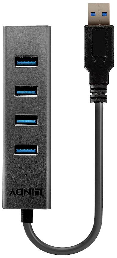 Ein schwarzer USB-Hub mit vier USB-3.0-Anschlüssen und einem kurzen Kabel, das in einen USB-Stecker mündet. Ideal für erweiterte Konnektivität.