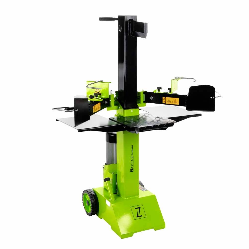 Ein grüner Holzspalter mit schwarzem Hebel und Griffen. Er hat zwei Räder für den Transport und ist für das Spalten von Holzstämmen geeignet.