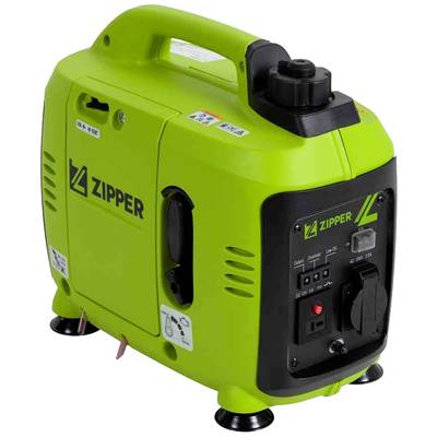 Grüner tragbarer Stromgenerator von Zipper, seitliche Ansicht, mit Bedienfeld und Steckdosen.