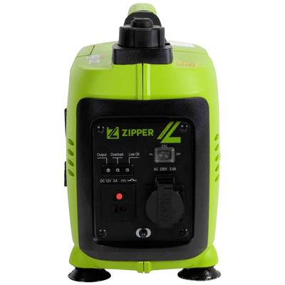 Tragbarer grüner Generator mit Marke 'Zipper', Vorderseite zeigt Bedienfeld mit Anschlüssen und Schaltern, geeignet für Outdoor-Nutzung.
