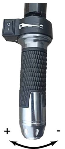 Gasgriff eines Elektrorollers mit Ein/Aus-Schalter und Geschwindigkeitsregelung für vorwärts/rückwärts Bewegung.