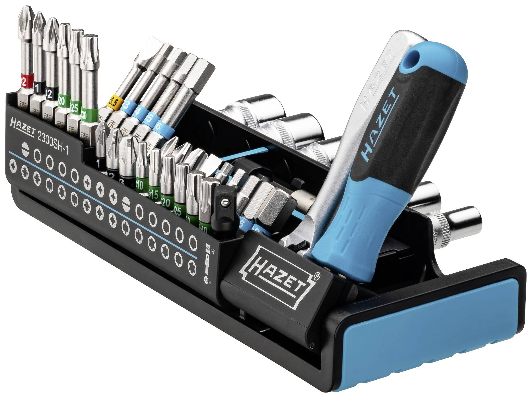 Ein Sortimentskasten mit verschiedenen Schrauberbits und einem blauen Schraubendrehergriff. Ideal für Reparatur- und Montagearbeiten.