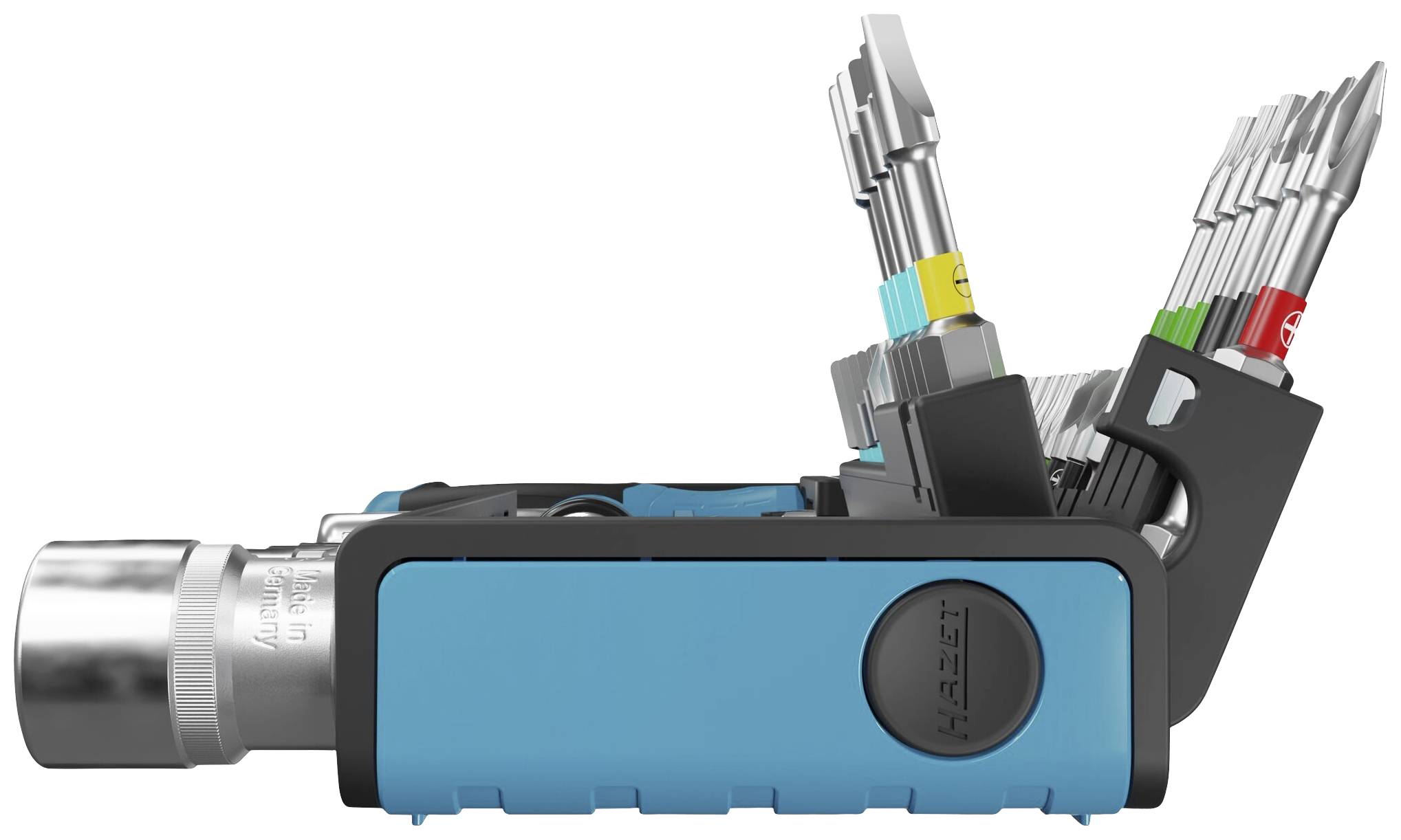 Ein kompakter und geöffneter Werkzeugkasten mit verschiedenen Bits und Steckschlüsseln in unterschiedlichen Farben organisiert.