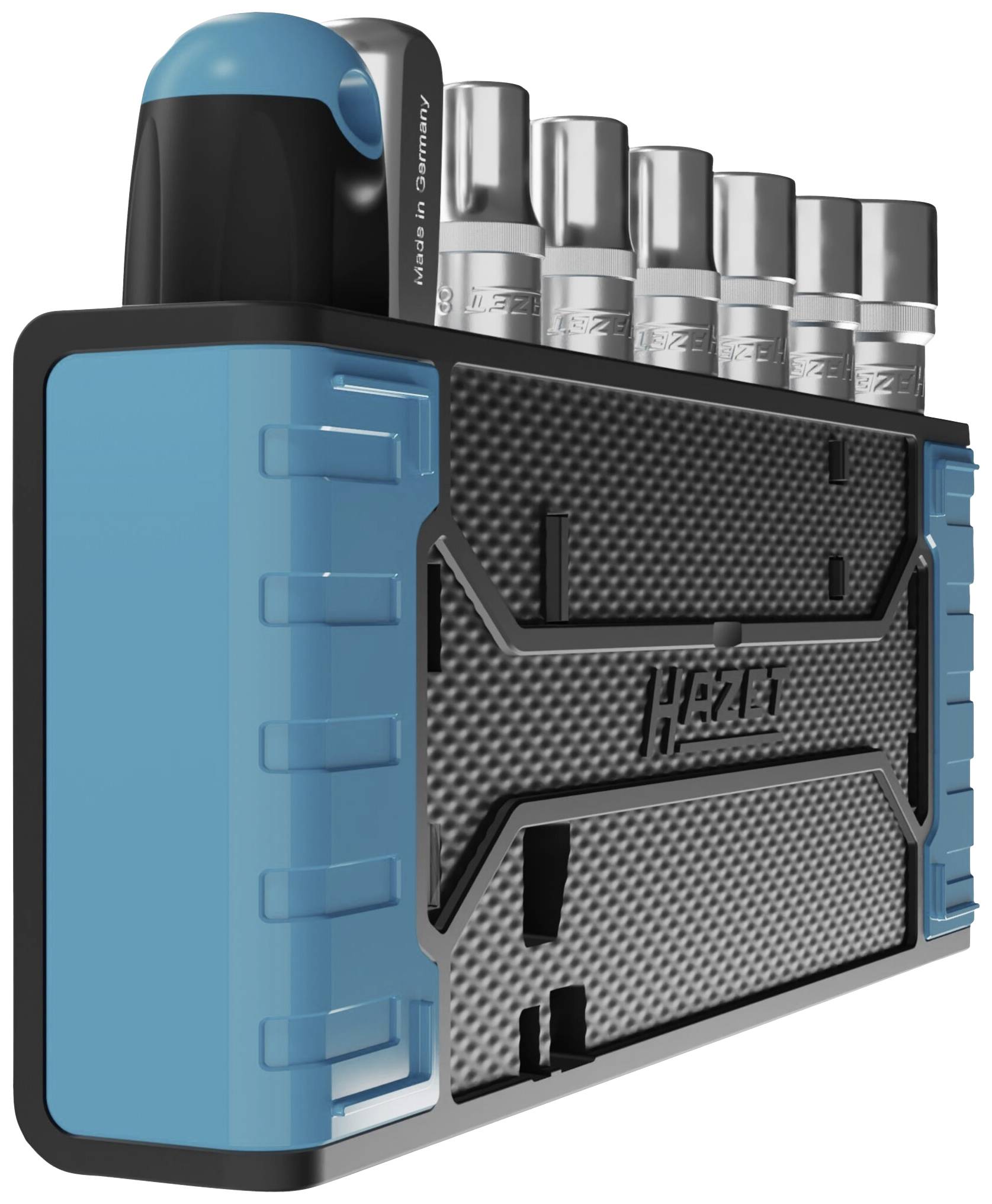 Satz schließt Knarren- und Bit-Satz in blauer und schwarzer Halterung ein, fünf silberne Stecknüsse sichtbar.