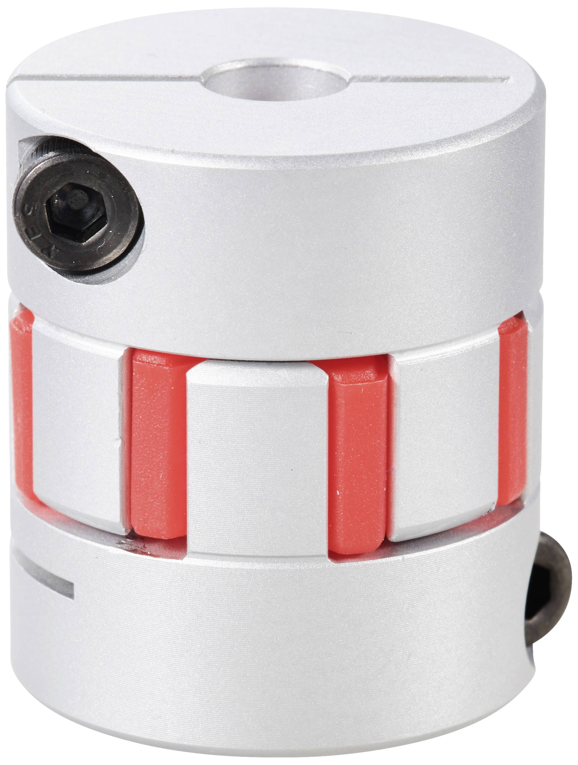 Ein silbernes Drehmoment-Übertragungselement mit roten Einsätzen, das zwei Wellen verbindet. Es hat Schraubverschlüsse an den Seiten.