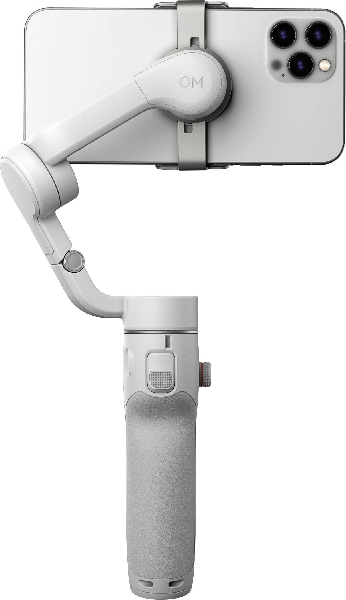 Ein Smartphone ist auf einem weißen Gimbal montiert. Der Gimbal hat ein ergonomisches Design und ermöglicht stabile Videoaufnahmen.