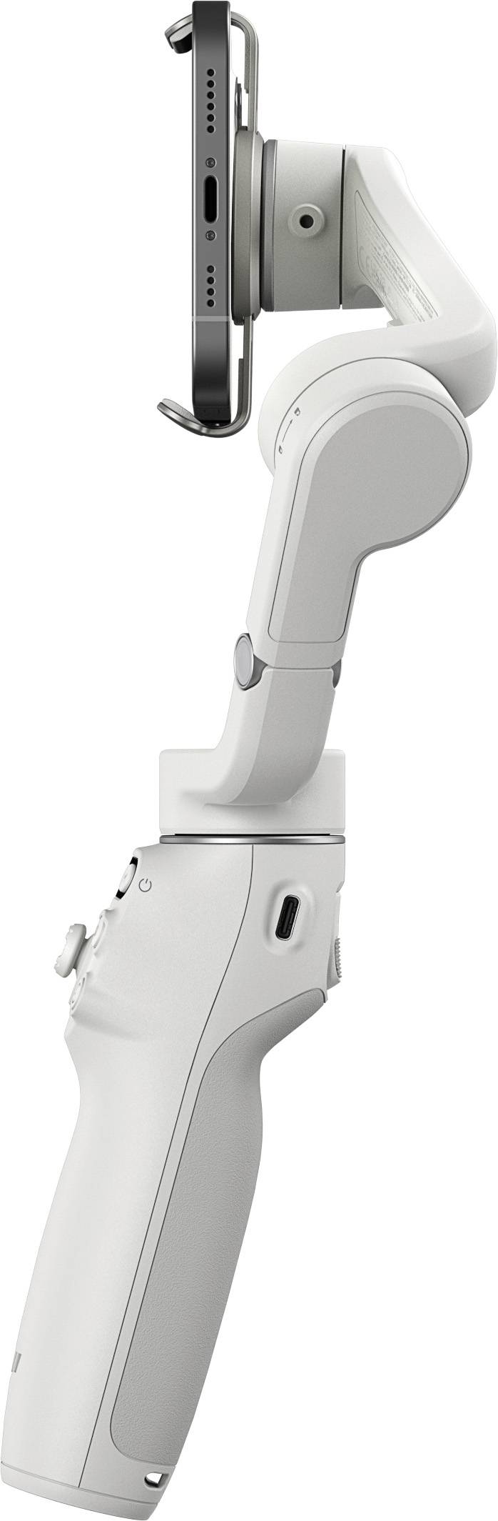 Ein tragbarer Smartphone-Gimbal in Weiß, seitlich gezeigt. Er verfügt über einen beweglichen Arm zur Stabilisierung von Videoaufnahmen.