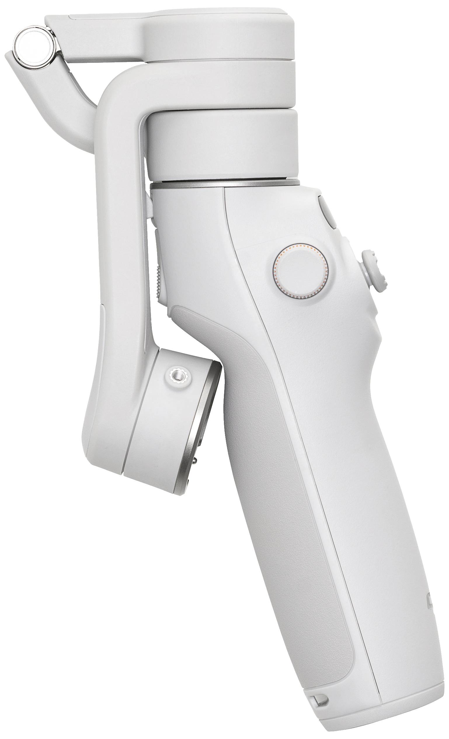 Ein weißer Handgriff einer Kamerastabilisierungsvorrichtung, seitlich gesehen, mit Knöpfen und drehbarem Gelenk.