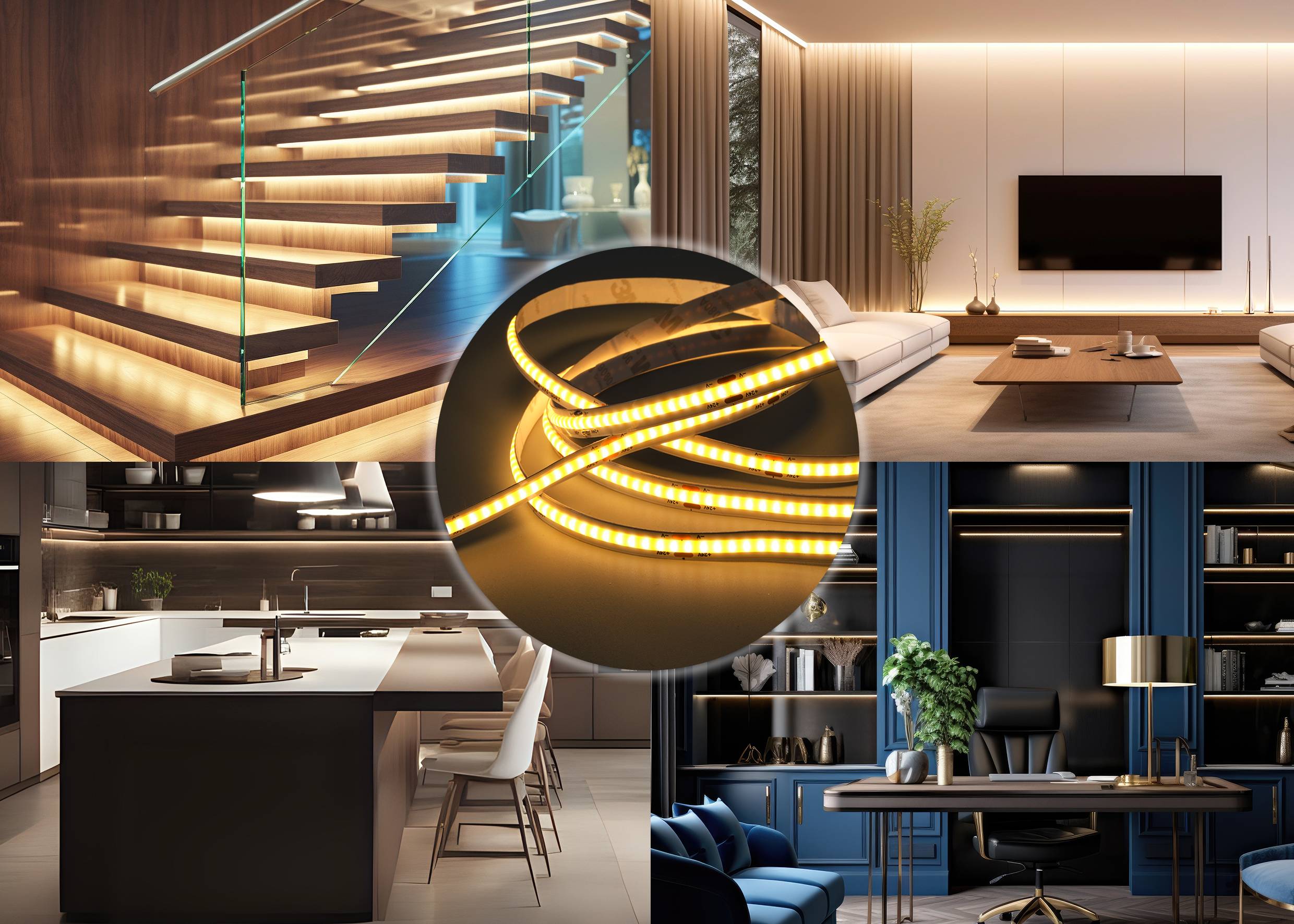 Ein Wohnzimmer, eine Küche, ein Büro und eine Treppe mit moderner LED-Beleuchtung hervorgehoben. Luxuriöses Interieurdesign.