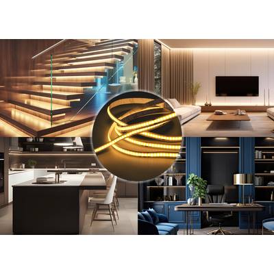 Ein Wohnzimmer, eine Küche, ein Büro und eine Treppe mit moderner LED-Beleuchtung hervorgehoben. Luxuriöses Interieurdesign.
