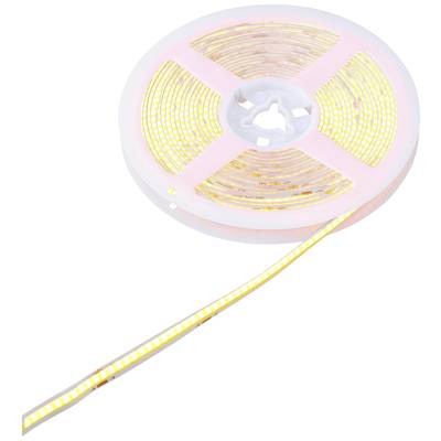 Eine Rolle LED-Lichtstreifen mit leuchtenden gelben LEDs, teilweise abgewickelt.