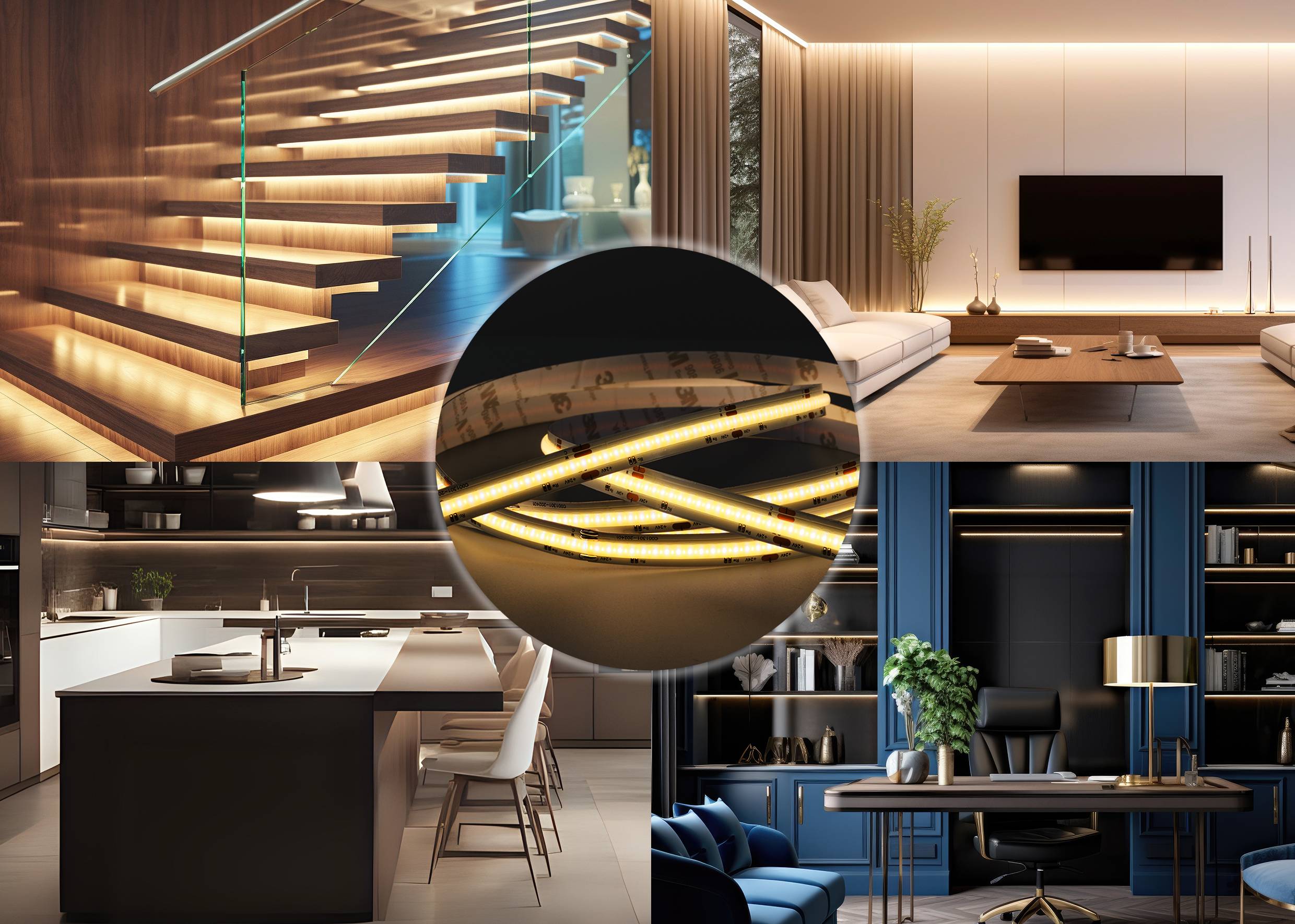 Ein viergeteiltes Bild mit Raumansichten. Jeder Raum verwendet LED-Streifen zur dezenten Beleuchtung. Alle Räume wirken stimmungsvoll. In der Mitte überlagert eine runde Detailaufnahme eines LED-Streifens die Ecken der vier Raumbilder.