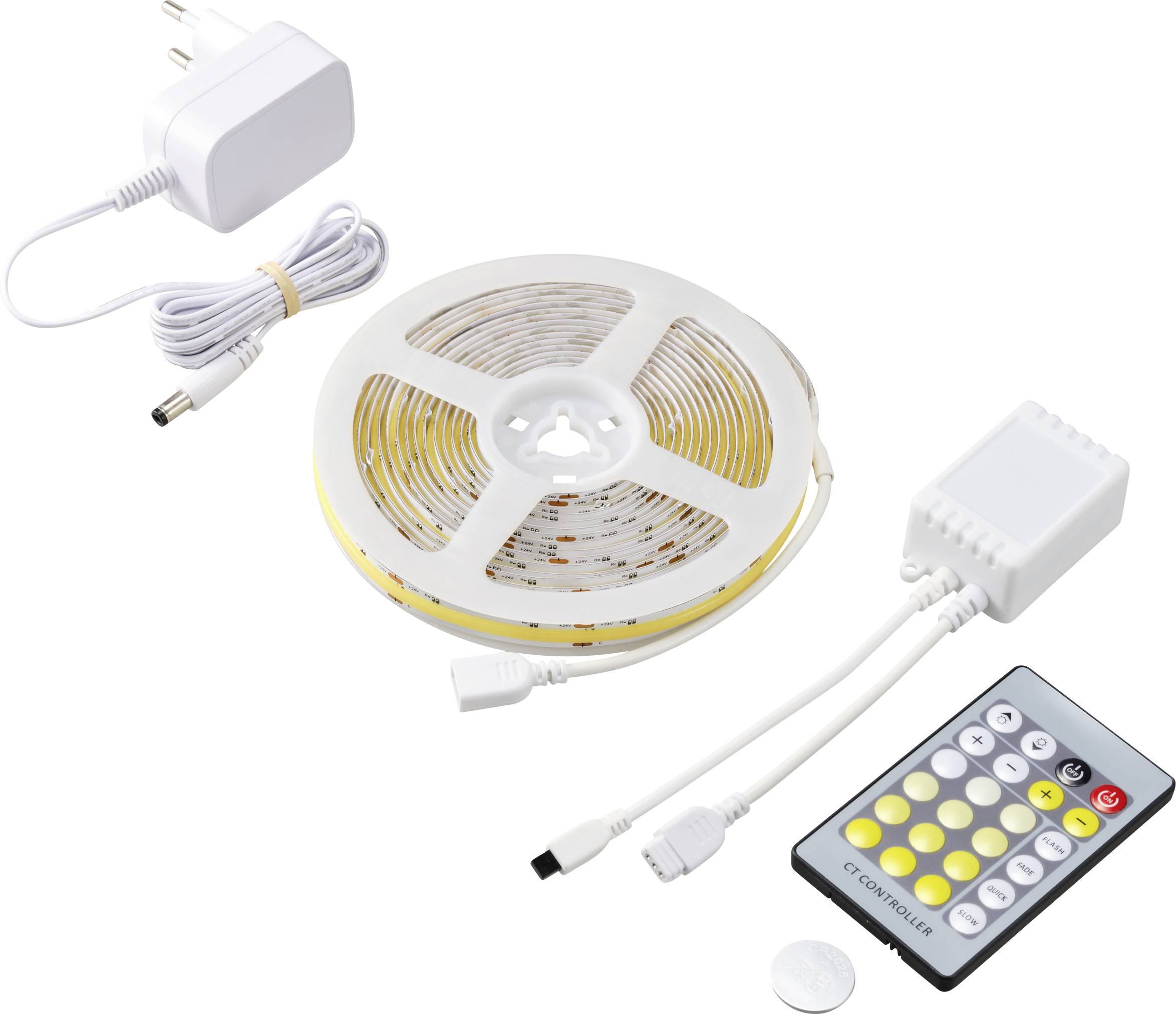 LED-Lichtstreifen-Set mit Netzteil, Fernbedienung und Steuergerät. Verwendbar zur individuellen Beleuchtung und Farbsteuerung.